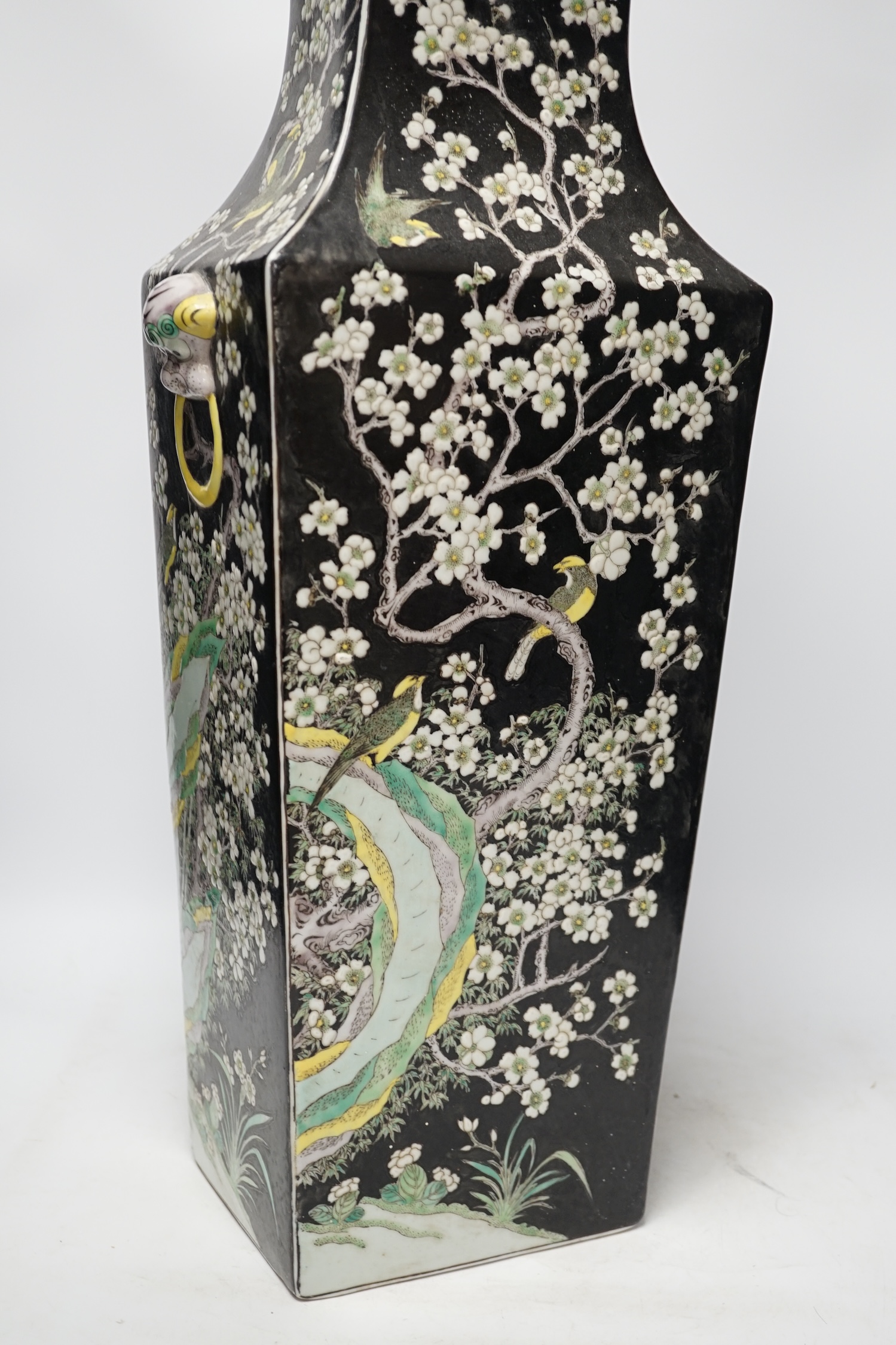 A large Chinese famille noire rectangular baluster vase, 63.5cm. Condition - fair, cracked